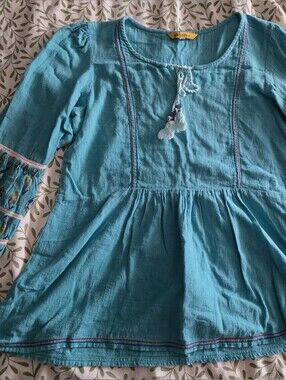 Global Desi Teal Embroidered Bell-Sleeve Peasant Top